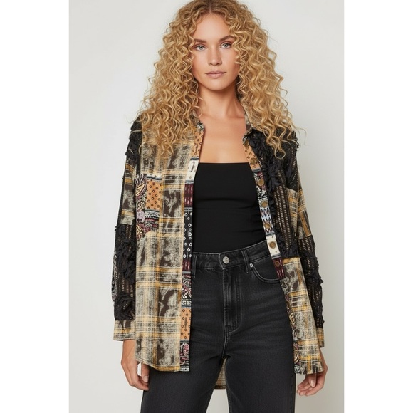 POL Tops - POL Black Patchwork Button Down Shirt | 3D Floral Lace Long Sleeve High Low